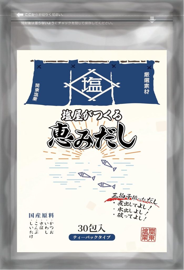 関東塩業PB商品「恵みだし」パッケージ裏面。原材料・栄養成分・使用方法を記載。